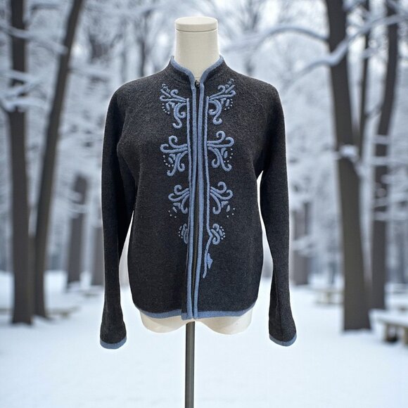 Karen Scott Petites Wool Cardigan Sweater Embroidered Zip Winter Cottagecore - Picture 1 of 8